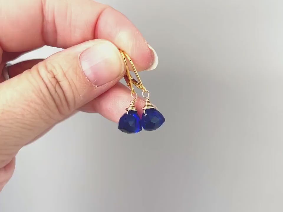 Sapphire Blue Quartz dangle earrings sterling silver, gold rose gold