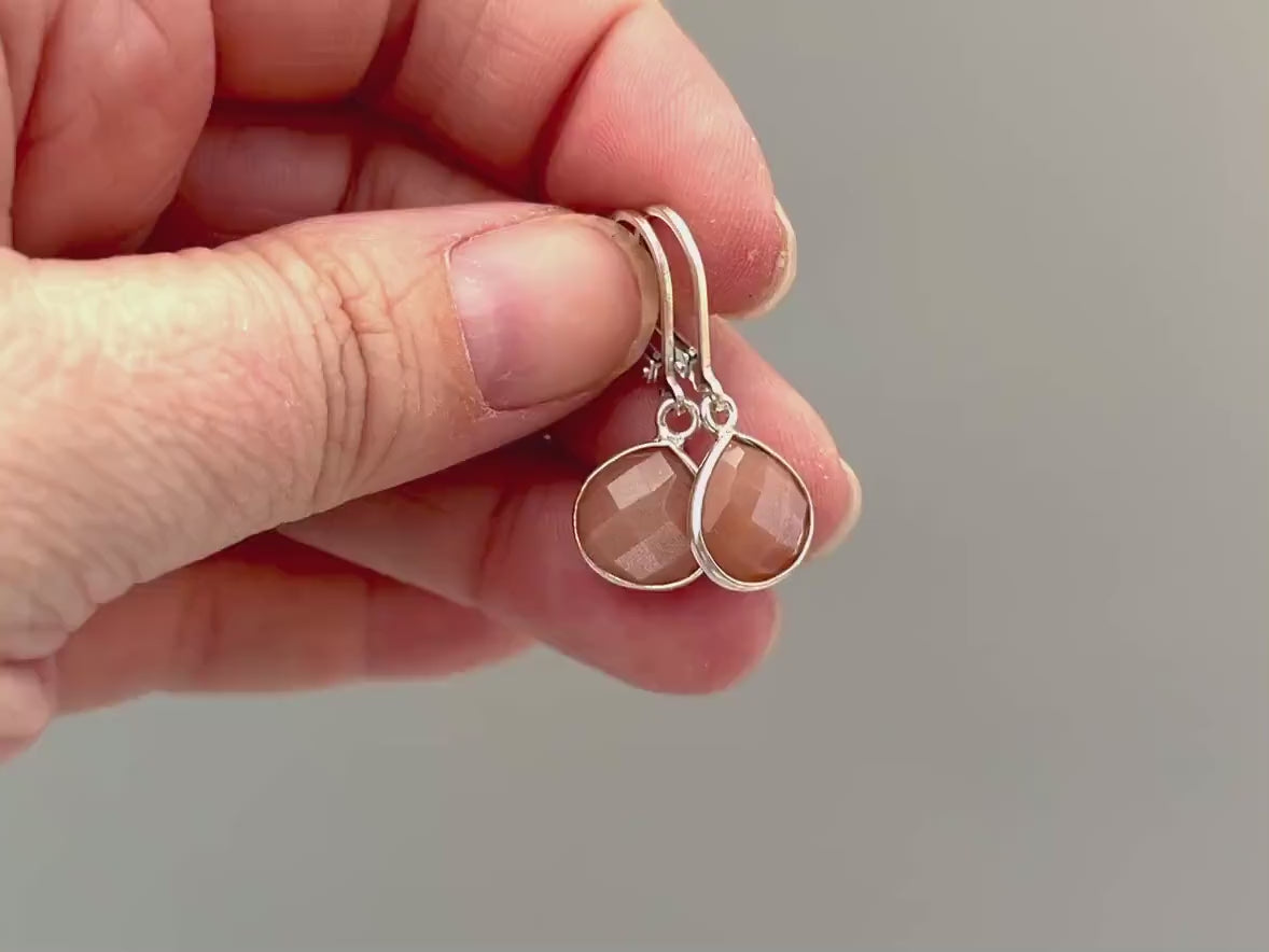 Peach Moonstone Earrings Dangle Sterling Silver Teardrop Leverback Minimalist dangly Drop earrings Handmade Moonstone Jewelry gift for wife