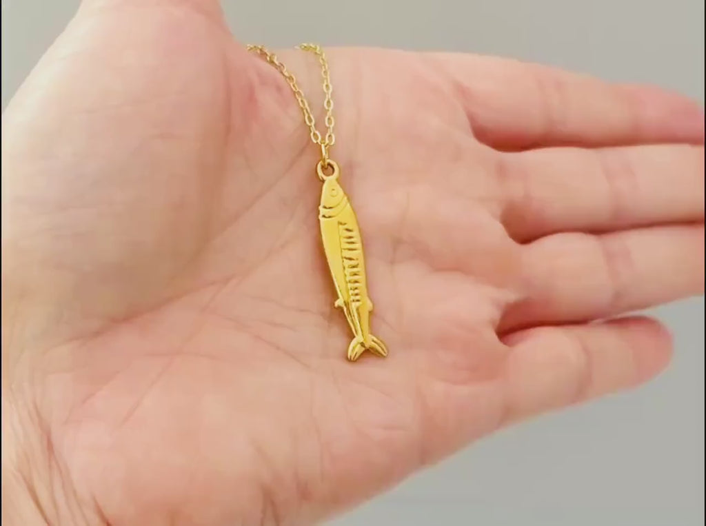 Sardine Necklace silver, gold  nautical trendy summer ocean jewelry, unique whimsical novelty coastal gift for her