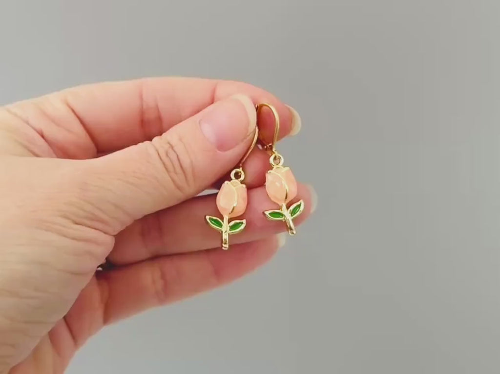Tulip Earrings Dangle Gold Leverbacks handmade colorful peach spring floral jewelry April Birthday  birth flower gift for gardener, moms her