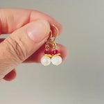 Dainty Pearl and Ruby Earrings dangle 14k gold Sterling Silver dangly handmade red gemstone freshwater pearl jewelry July birthstone gift