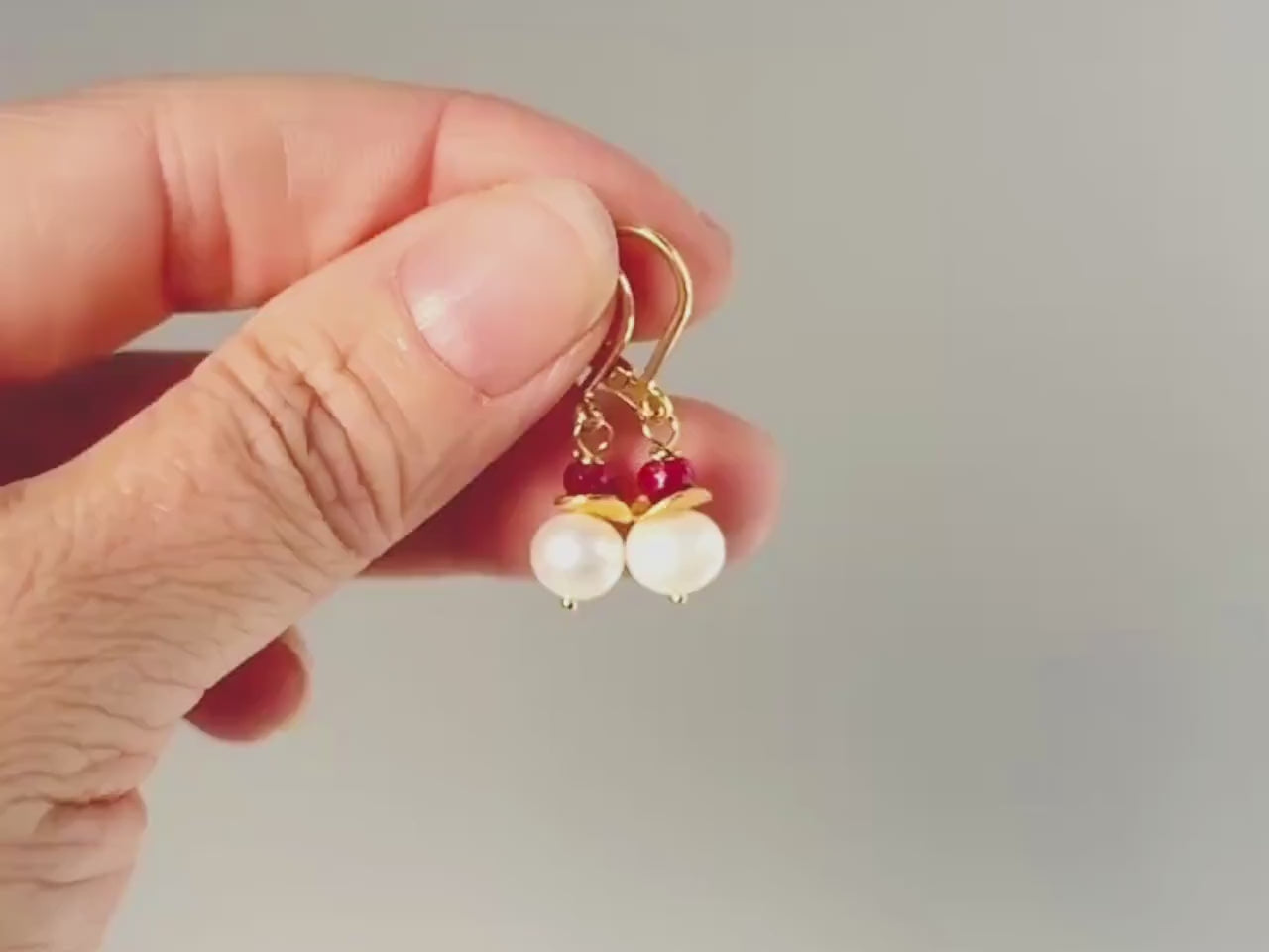 Dainty Pearl and Ruby Earrings dangle 14k gold Sterling Silver dangly handmade red gemstone freshwater pearl jewelry July birthstone gift