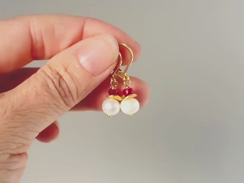 Dainty Pearl and Ruby Earrings dangle 14k gold Sterling Silver dangly handmade red gemstone freshwater pearl jewelry July birthstone gift