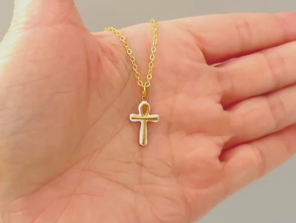 Gold Ankh Necklace, Egyptian Cross Pendant, White Enamel Ankh Charm Necklace, Spiritual Jewelry, Ancient Egyptian Jewelry gift for her