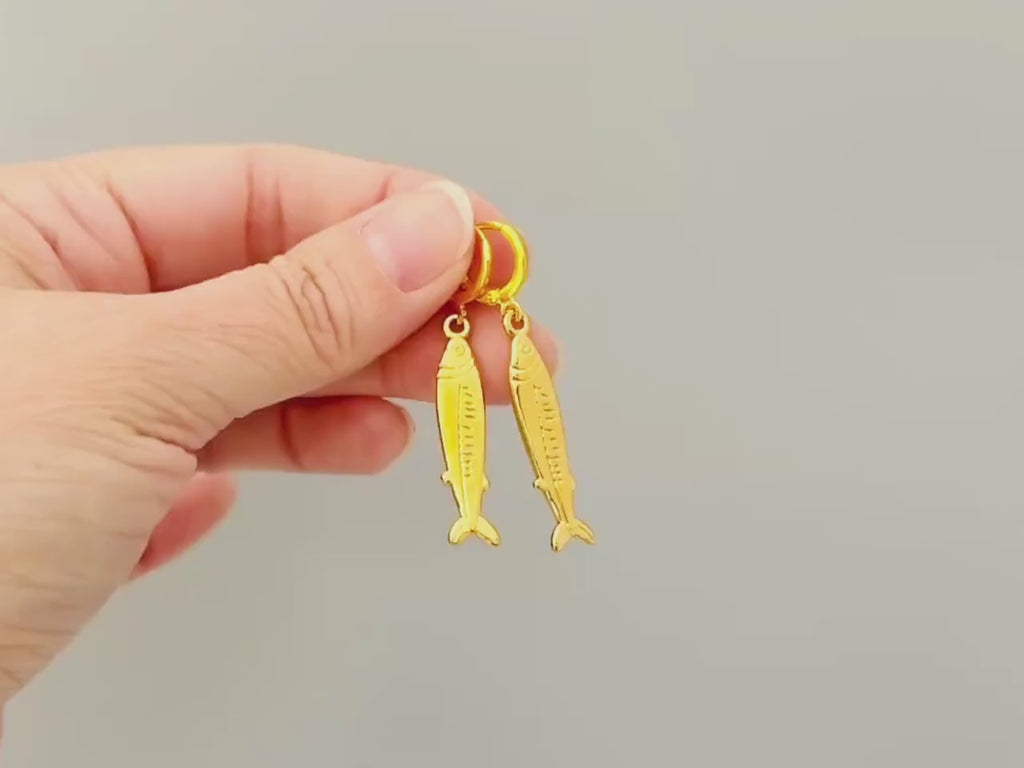 Sardine Earrings Silver, Gold Huggie Hoops, cute fish earrings trendy ocean jewelry, unique whimsical novelty coastal nautical gift for her