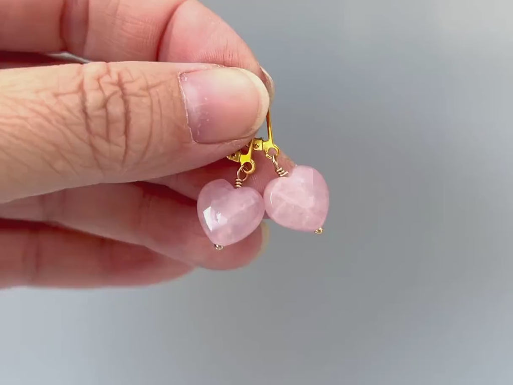 Pink Rose Quartz Heart Earrings Dangle