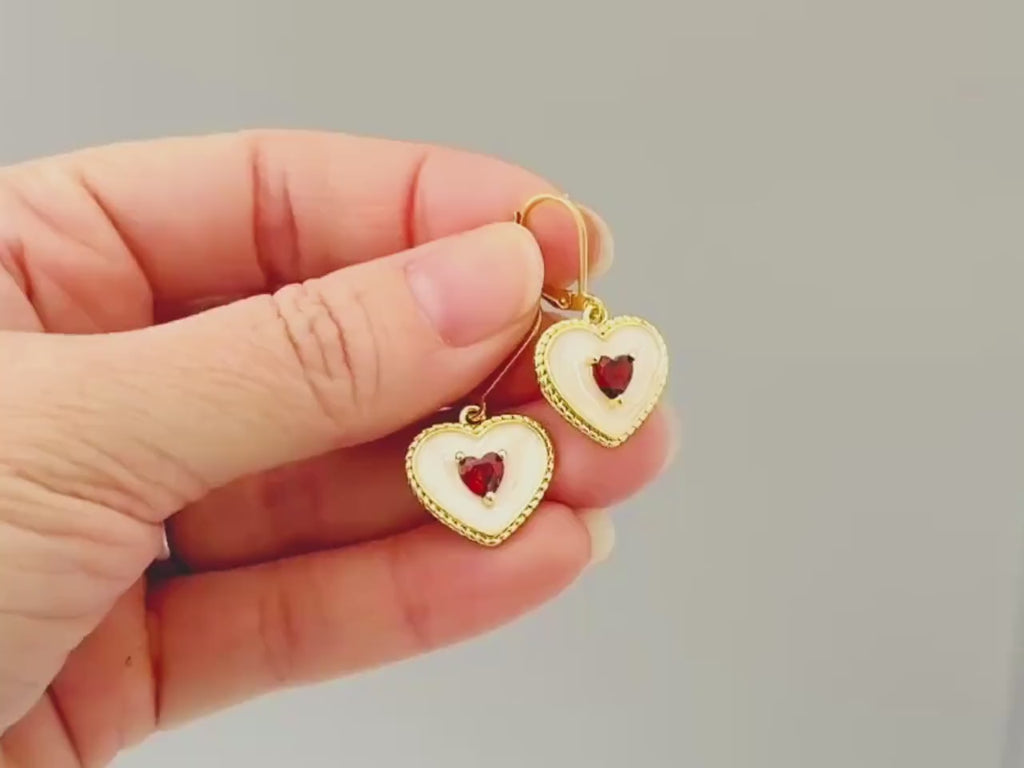 Gold Red Heart Earrings Dangle Handmade red garnet gemstone jewelry January birthstone Mothers Day gift for mom her romantic Valentines Day