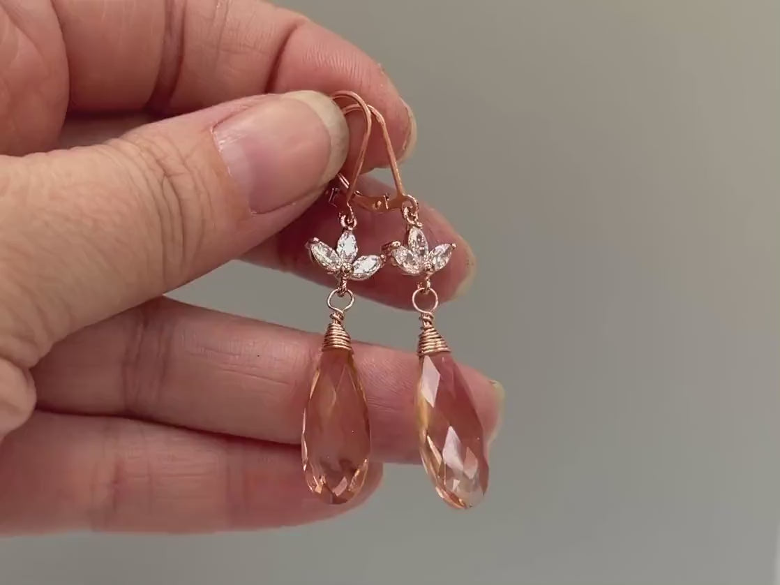 Morganite Rose Gold Earrings dangle pink, peach, champagne quartz