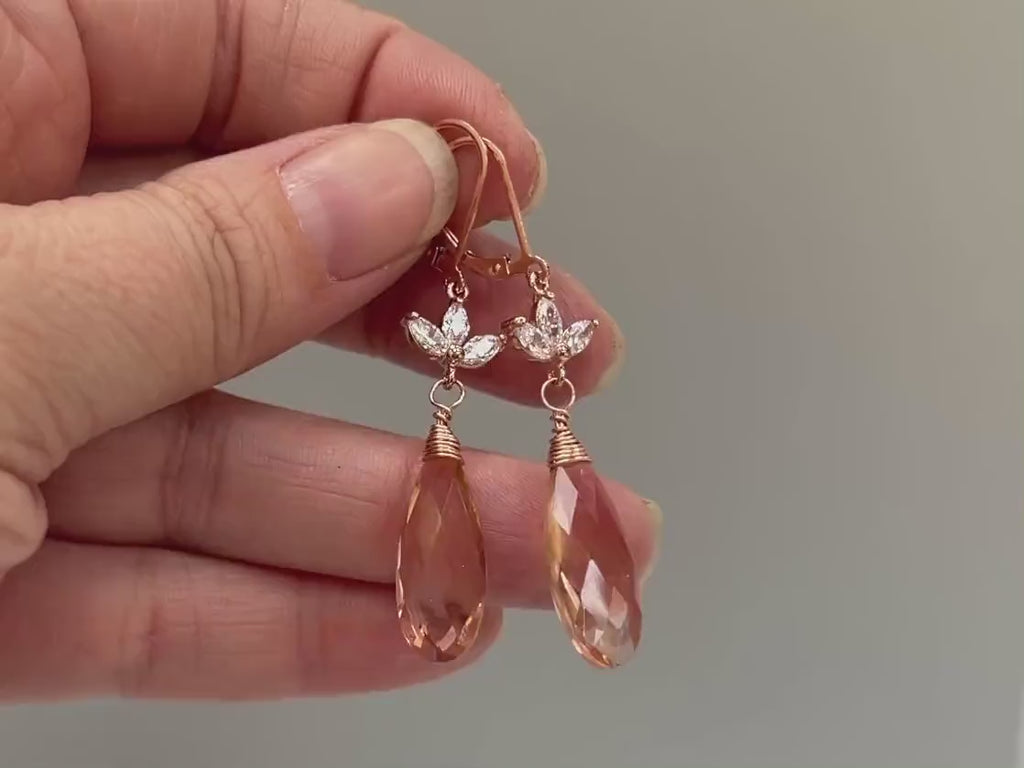 Morganite Rose Gold Earrings dangle pink, peach, champagne quartz