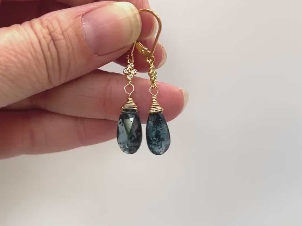 Moss Kyanite earrings dangle, Gold, Sterling Silver Crystal boho jewelry
