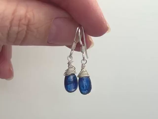 Dainty Blue Kyanite Gemstone earrings dangle drop teardrop Gold, Sterling Silver