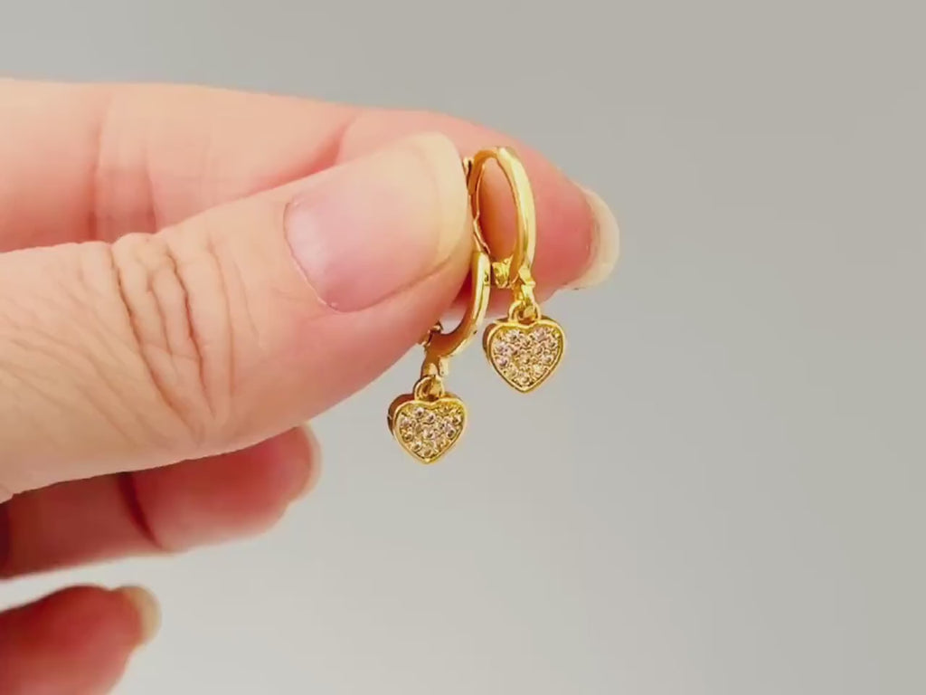 Dainty Gold Heart Earrings Dangle Huggie Hoops Crystal Heart Charm earrings for women handmade Valentines day jewelry gift for friend, moms