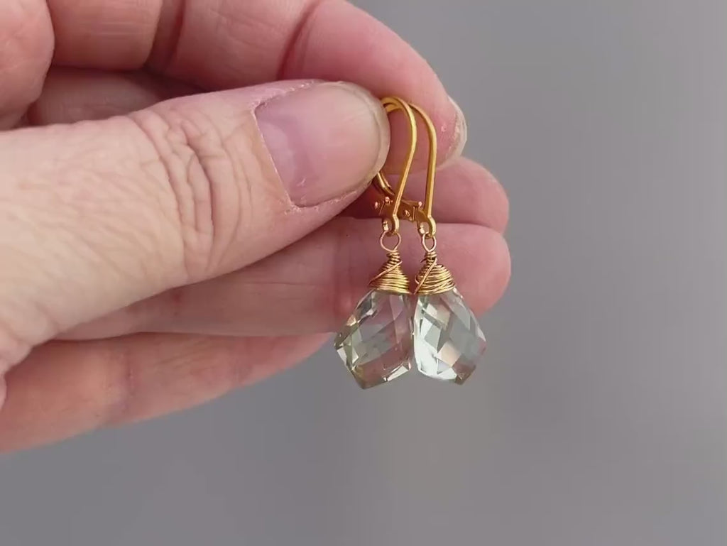 Green Amethyst earrings Prasiolite Gold Gemstone drop earrings