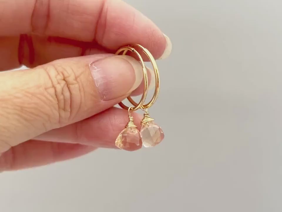 Morganite Hoop Earrings Dangle 14k Gold, Sterling Silver, Rose Gold, Handmade dainty peach pink gemstone crystal jewelry gift for mom, wife