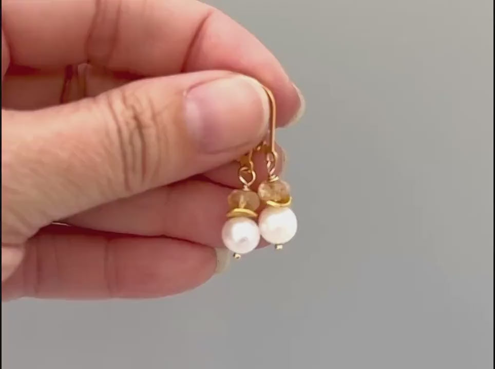 Citrine and Pearl Earrings dangle 14k gold