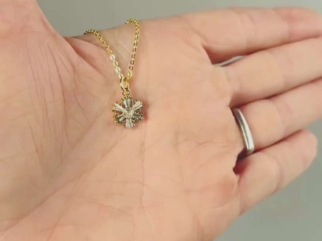 Dainty Blue and Gold Crystal Snowflake Necklace handmade winter party jewelry festive sparkling zirconia necklace for holiday parties