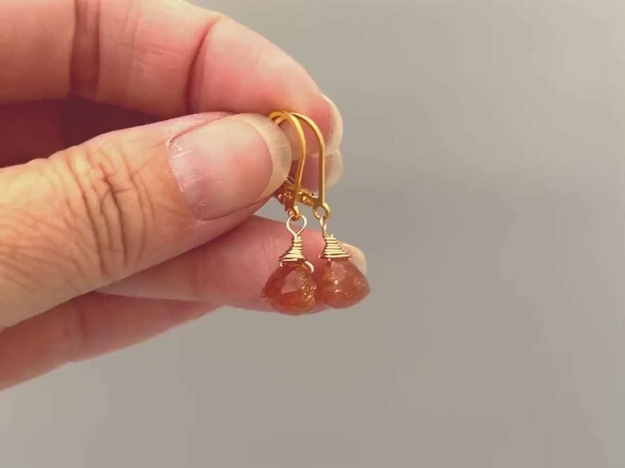 Sunstone earrings dangle 14k gold, Sterling Silver, Rose Gold Dainty, Dangly tear drop crystal Oregon Orange gemstone jewelry for women