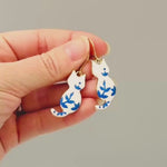 White Cat Earrings gold dangle Cat Jewelry, Gold Leverbacks, Blue Porcelain Earrings Chinoiserie style Cat Lover Gift for veterinarians, vet