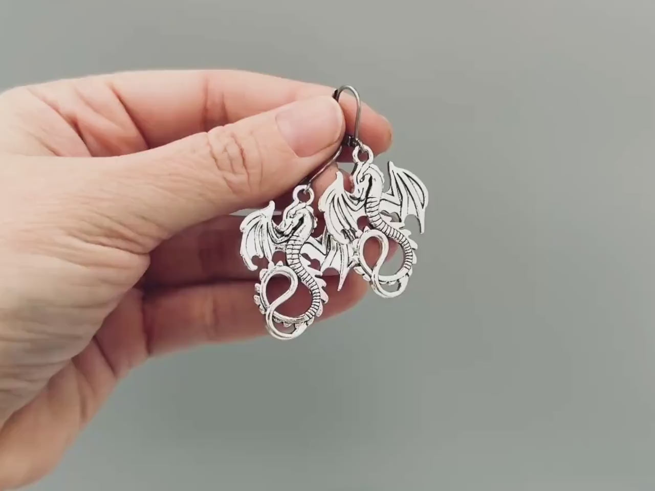 Silver Dragon Earrings dangle handmade Fantasy whimsigoth jewelry stainless steel grunge gothic statement earrings witchy gift for women