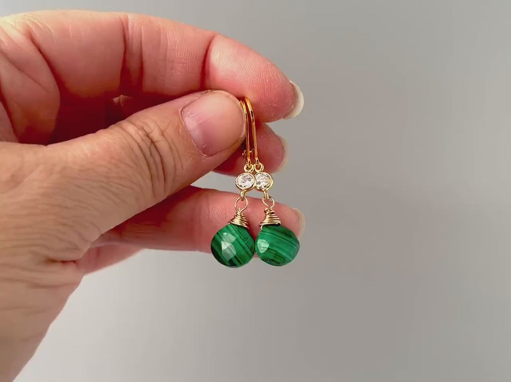 Malachite Green earrings dangle Dainty Gold Crystal Gemstone 14k dangly tear drop boho handmade jewelry for women, birthstone gift for wife