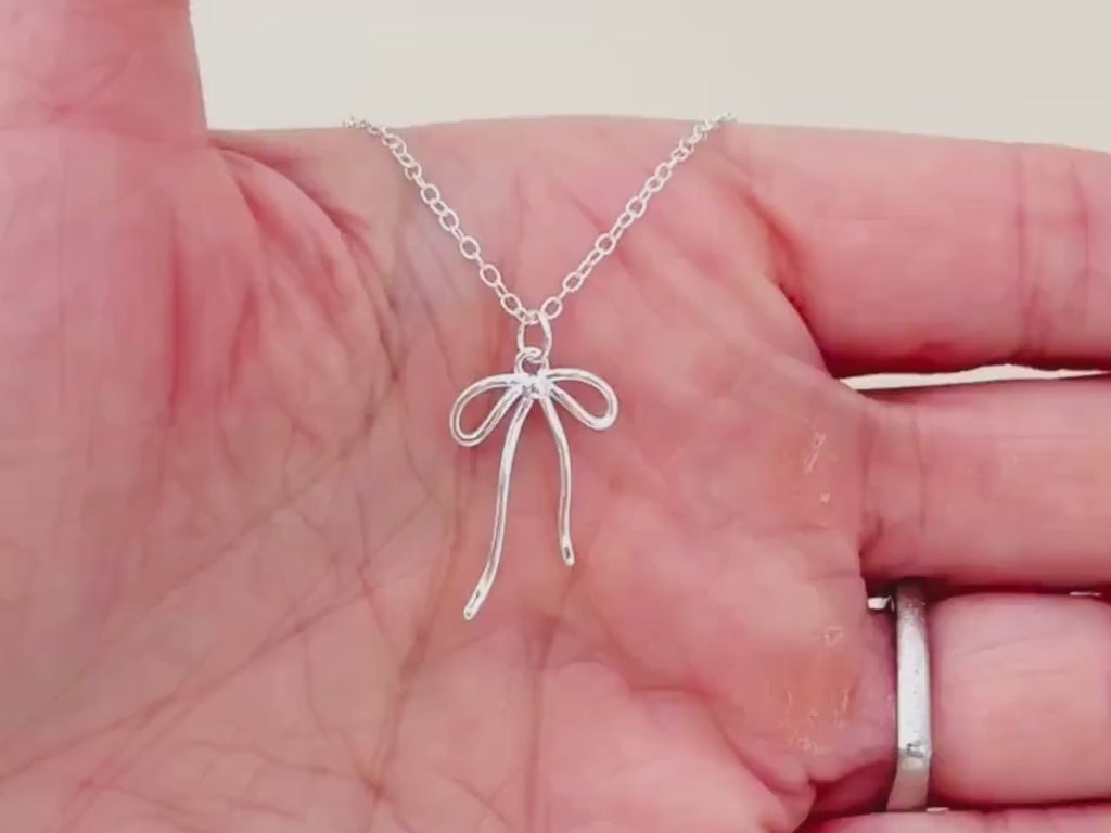 Sterling Silver Ribbon Bow Necklace pendant romantic gift for girlfriend wife handmade jewelry for women   coquette bowknot charm