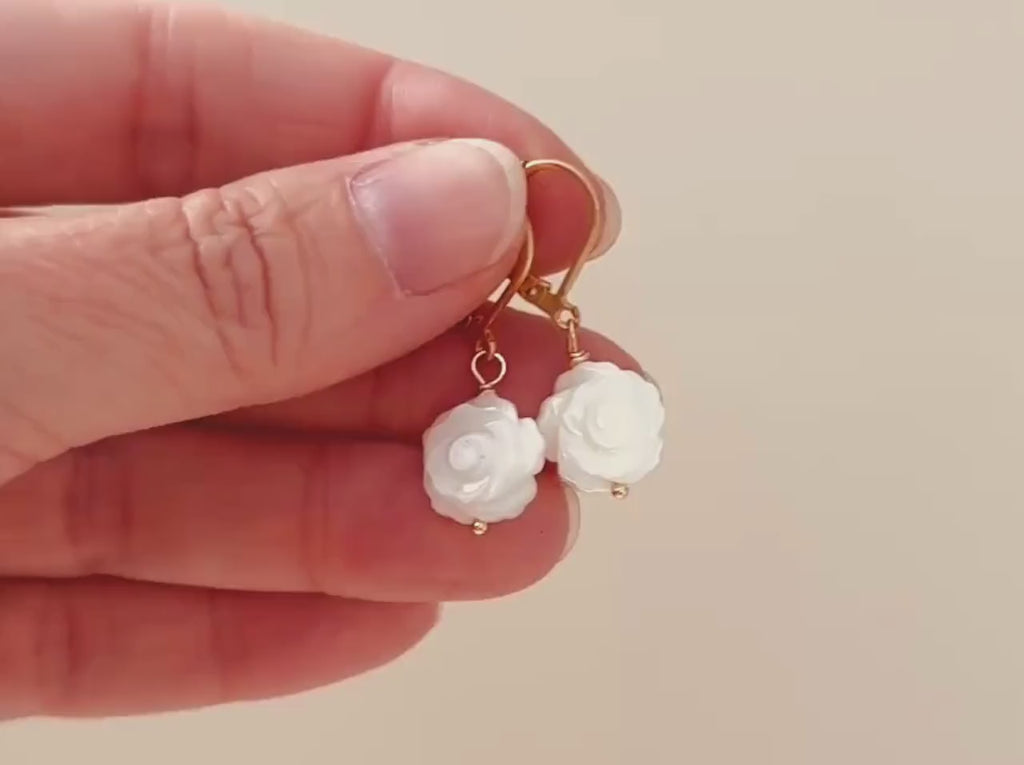 Mother of Pearl Rose Earrings 14k Gold Dangle handmade  birthflower jewelry leverback June Birthday birth flower gift for grandma mom wife