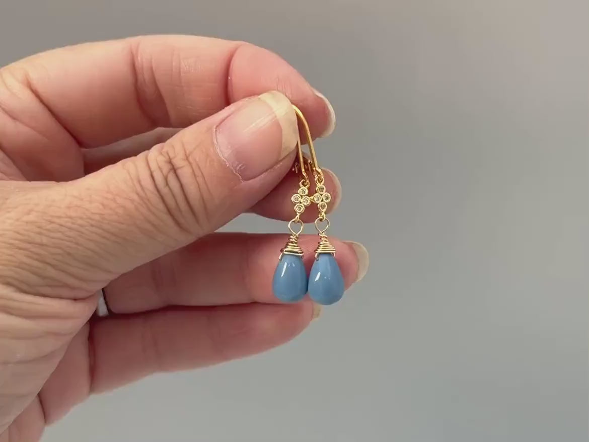 Owyhee Blue Opal earrings dangle with crystals Gold, Rose Gold, Sterling silver