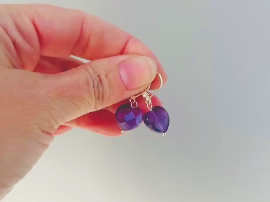 Amethyst Heart Earrings Dangle Sterling Silver, Gold, Rose Gold, February birthstone purple Valentines Day Jewelry gift for wife, mom, bff