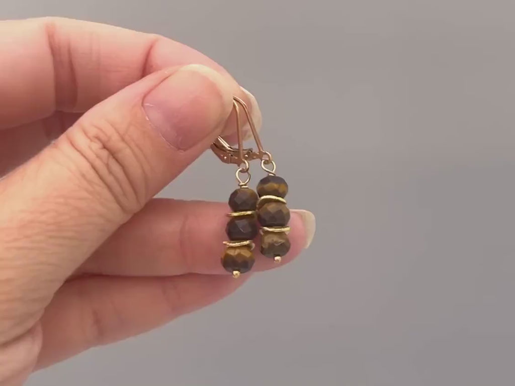 Tigers Eye Earrings dangle, 14k gold, sterling silver