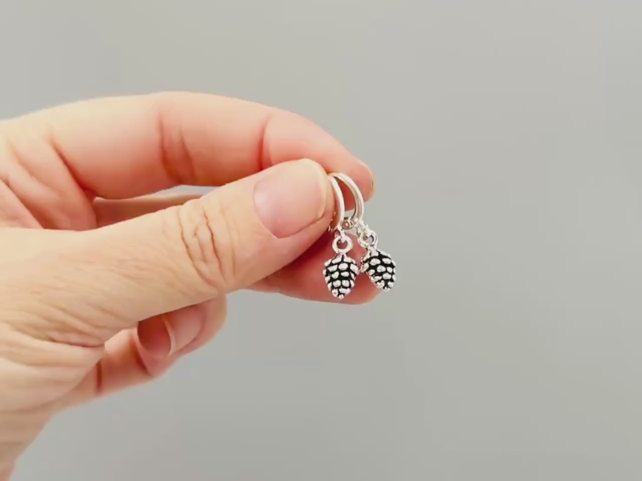 Dainty Silver Pine Cone Earrings dangle Huggie Hoops handmade rustic nature jewelry autumn fall winter earthy woodland gifts for sister, mom