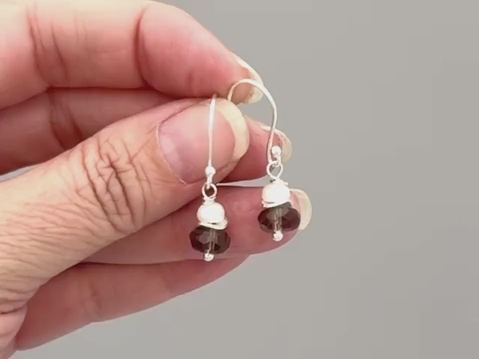 Smoky Quartz Freshwater Pearl Earrings dangle Sterling Silver gold dangly handmade gemstone  handmade jewelry gift for wife, mom, daughter