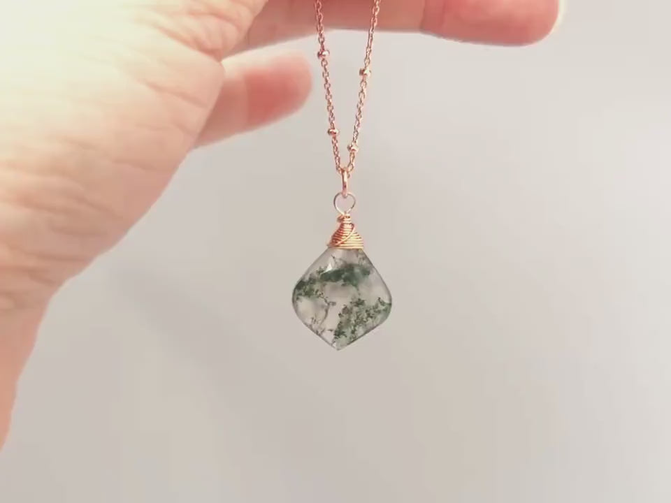 Moss Agate Pendant Necklace for women Rose Gold, gold, silver handmade crystal jewelry simple boho layering necklace gift for sister, friend