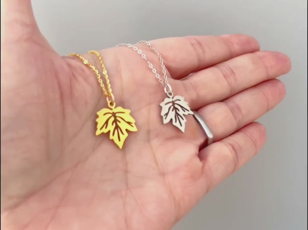 Maple Leaf Necklace silver, gold pendant for women minimalist handmade jewelry gift for gardener hiker  nature lover Canadian leaves charm
