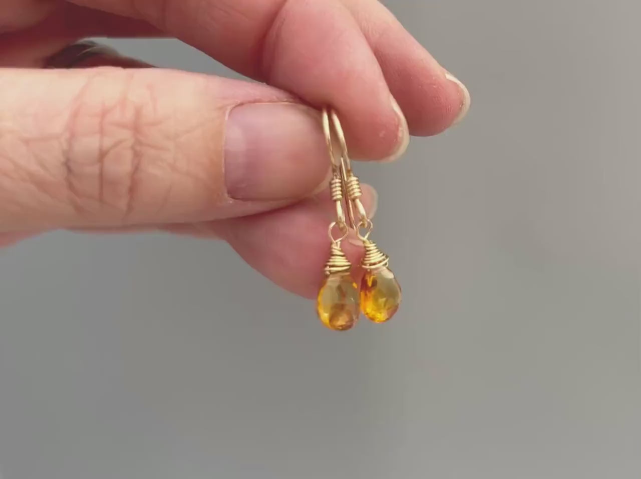 Dainty Citrine earrings dangle tiny teardrop earrings 14k Gold fill, Silver lightweight everyday Dangly drop Handmade crystal Jewelry gift