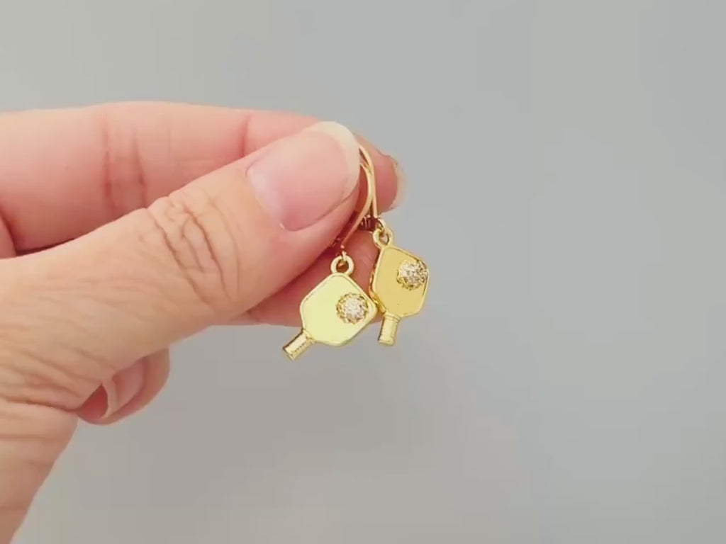 Pickleball Earrings Gold Leverbacks, Pickleball Jewelry, Pickleball Gift for Her, Sports Earrings, cute sporty Pickleball accessories