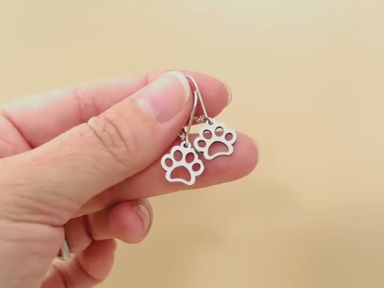 Silver Paw Print Dog Earrings dangle Hoops handmade animal jewelry gift for dog moms animal lovers veterinarians and vet techs
