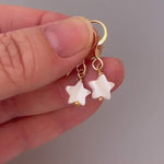 Dainty Mother of Pearl Star Earrings dangle, drop handmade minimalist pearl jewelry 14k Gold, Silver, Summer Jewelry iridescent beachy shell