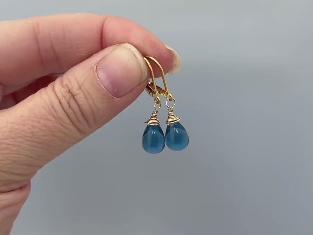 Dainty London Blue Topaz Quartz earrings dangle, Gold, Silver