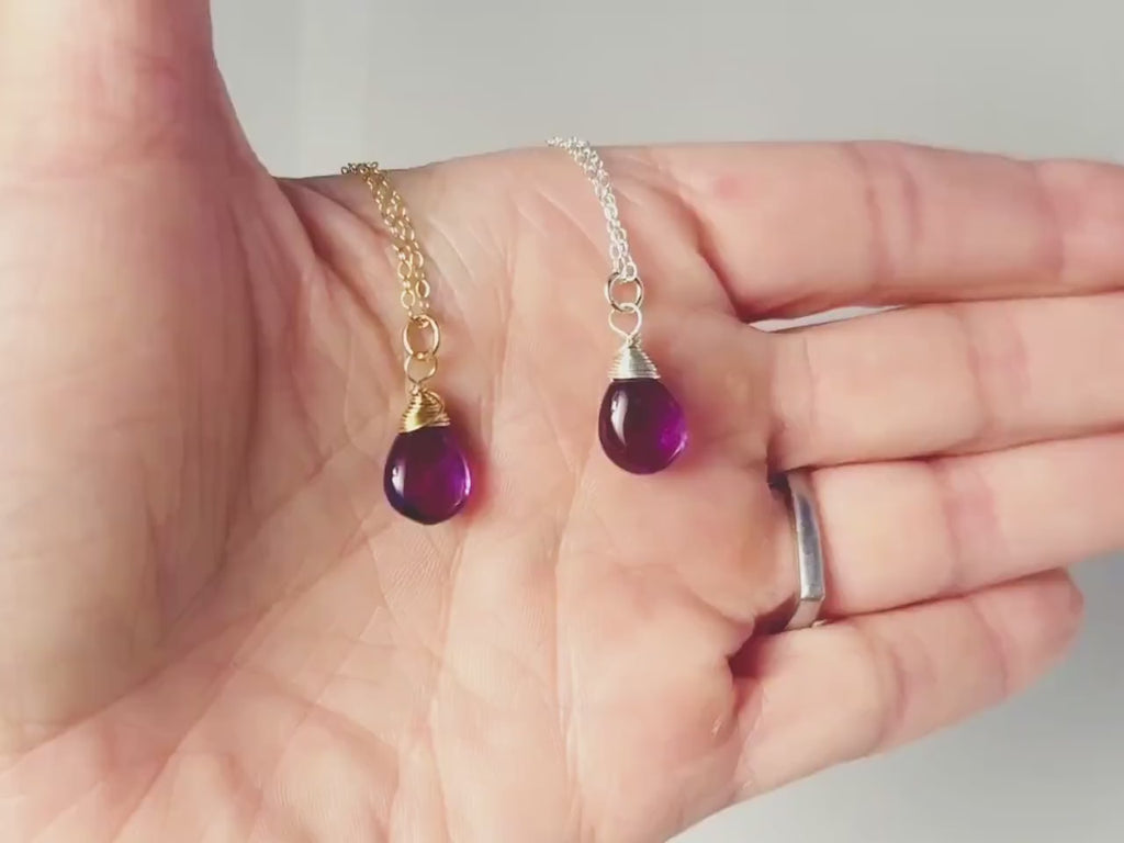 Dainty Silver Amethyst Necklace Smooth Briolette Purple Gemstone Pendant Sterling Silver or 14k Gold Fill February Birthstone Jewelry gift