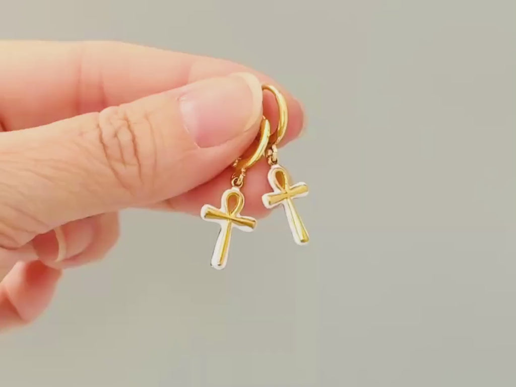 Ankh Earrings Gold Huggie Hoops Egyptian Jewelry witchy earrings ancient symbol handmade religious Ankh cross gift for women