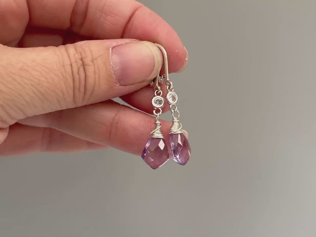 Pink Amethyst earrings dangle Sterling Silver, crystal