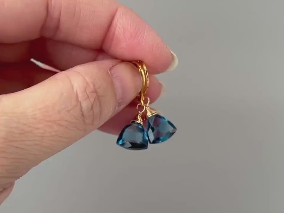 Dainty London Blue Earrings dangly sterling silver, gold, rose gold