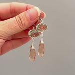 Green Amethyst and Morganite earrings dangle, Sterling Silver unique handmade jewelry for women green peach pink gemstone dangly drops gift