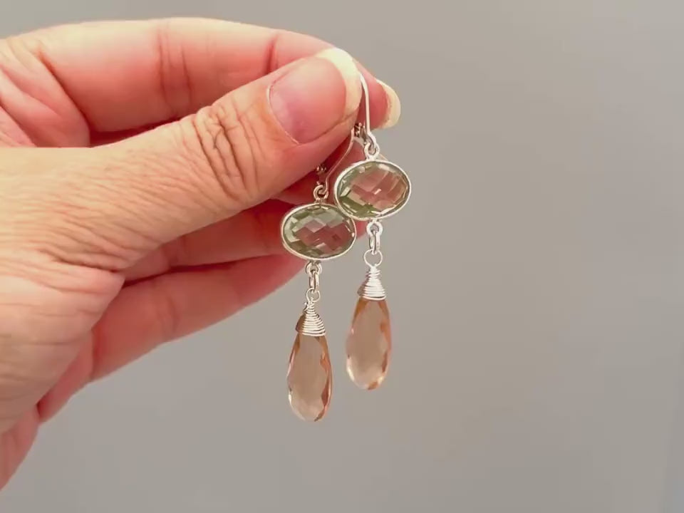 Green Amethyst and Morganite earrings dangle, Sterling Silver unique handmade jewelry for women green peach pink gemstone dangly drops gift