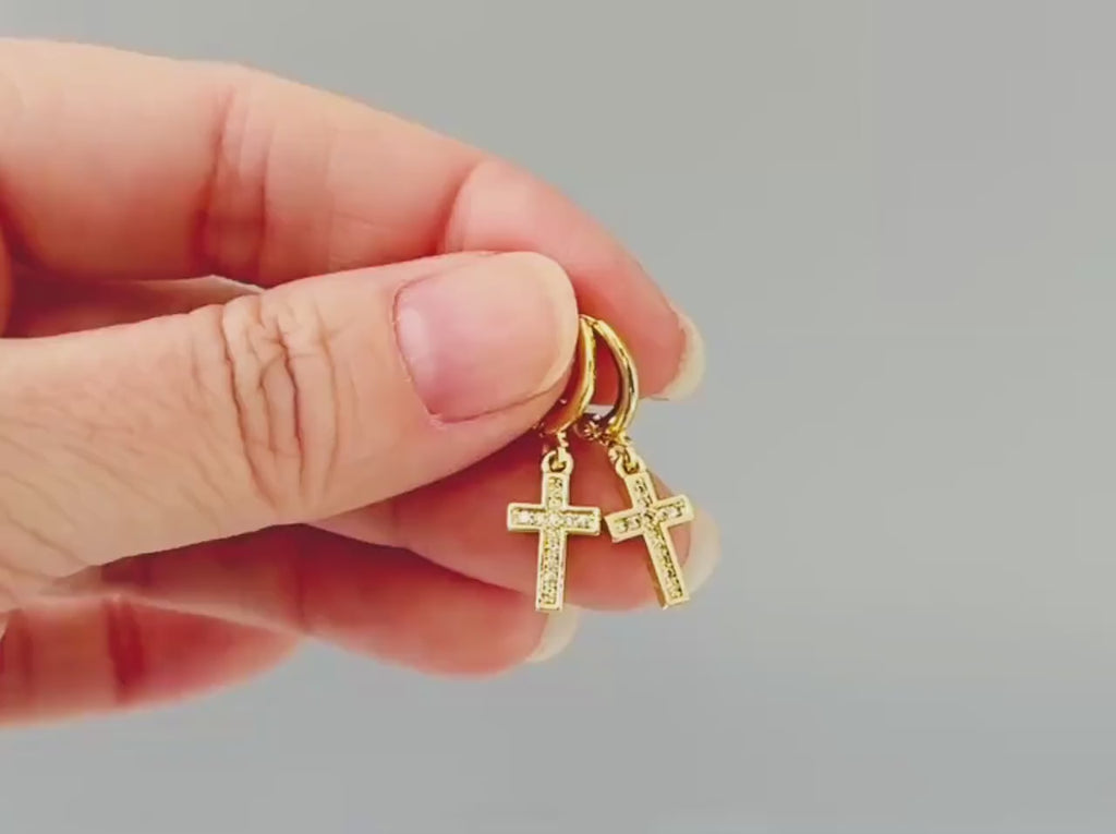 Dainty Gold Cross Earrings dangle huggie hoop minimalist crystal religious faith jewelry for her Christian baptism confirmation Easter gift