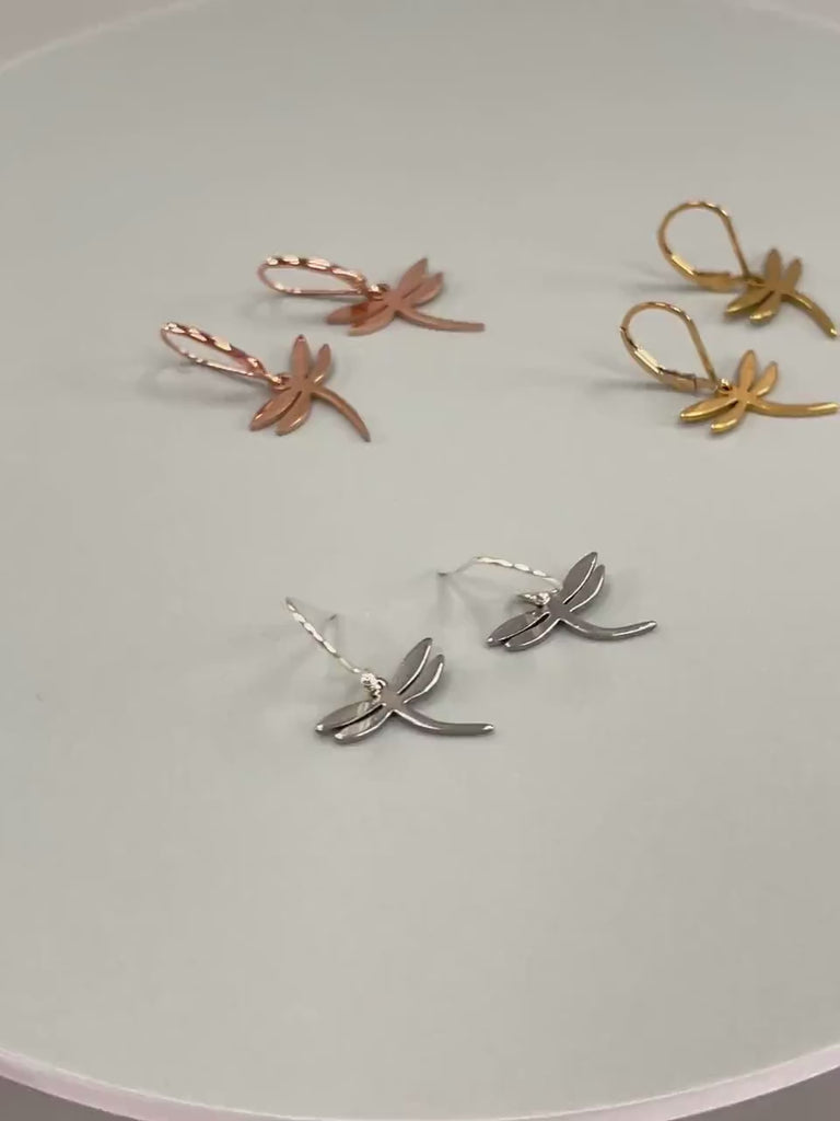 Dragonfly Earrings dangle Gold, Silver, Rose Gold
