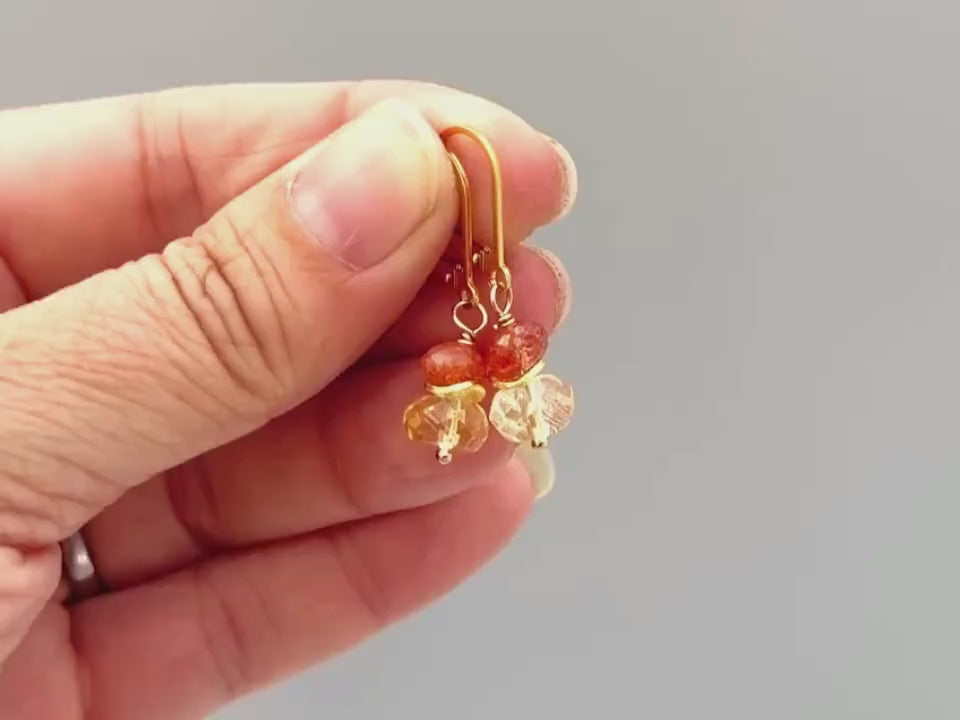 Dangly Citrine and Sunstone Drop Earrings in gold or sterling silver handmade orange yellow gemstone jewelry November Birthstone mom gift