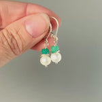 Dainty Pearl and Emerald Earrings dangle 14k gold, Sterling Silver dangly handmade green gemstone freshwater pearl jewelry May birthstone