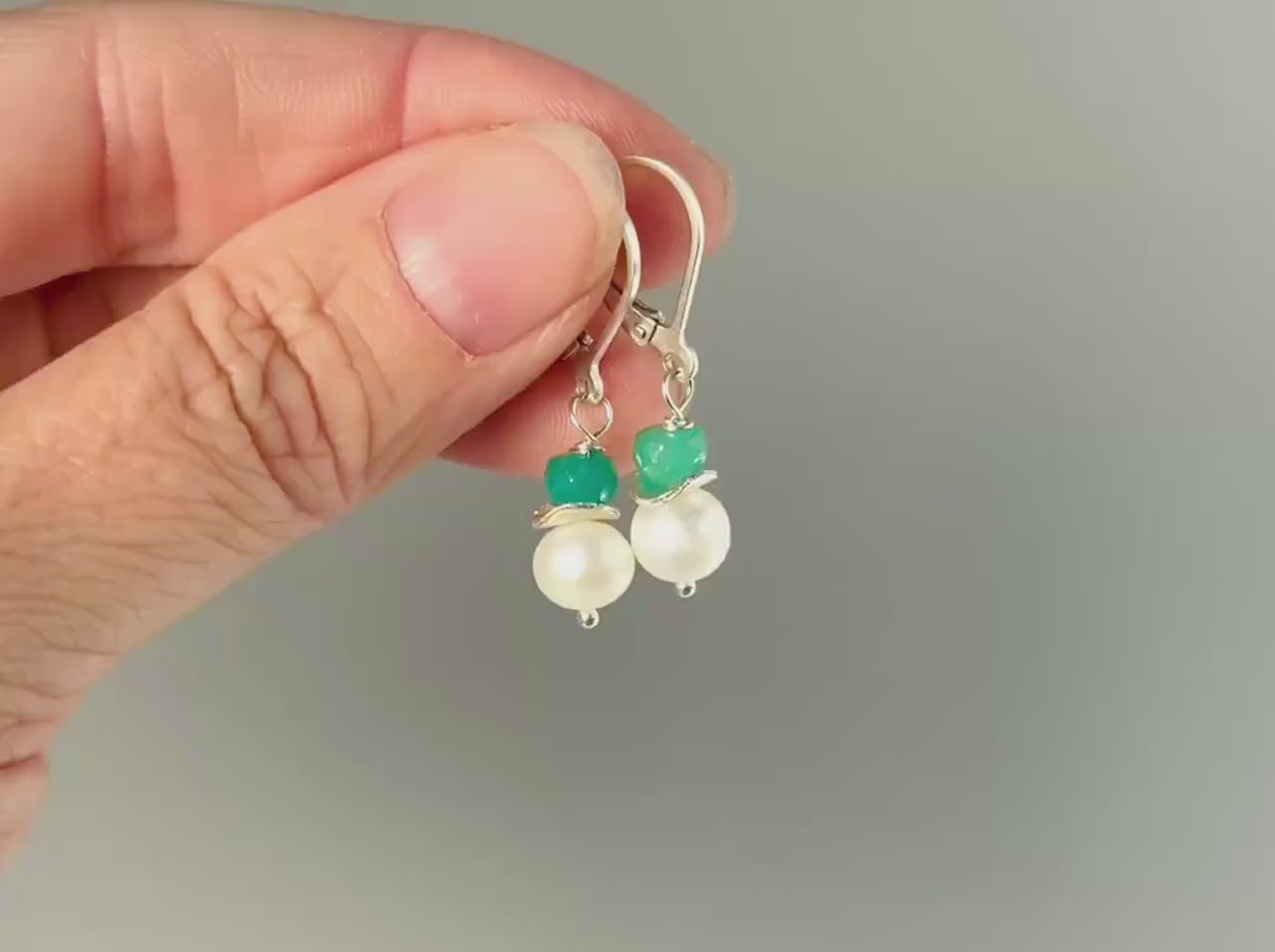 Dainty Pearl and Emerald Earrings dangle 14k gold, Sterling Silver dangly handmade green gemstone freshwater pearl jewelry May birthstone