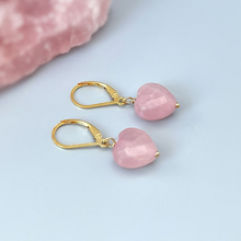 Load image into Gallery viewer, Rose Quartz Heart Earrings Dangle Gold leverback